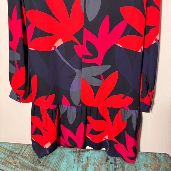 LOFT Red Flounce Fleur Floral Drop Waist Long Sleeve Shift Dress Size Small - Picture 6 of 11